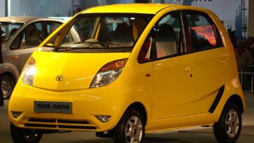 A yellow Tata Nano